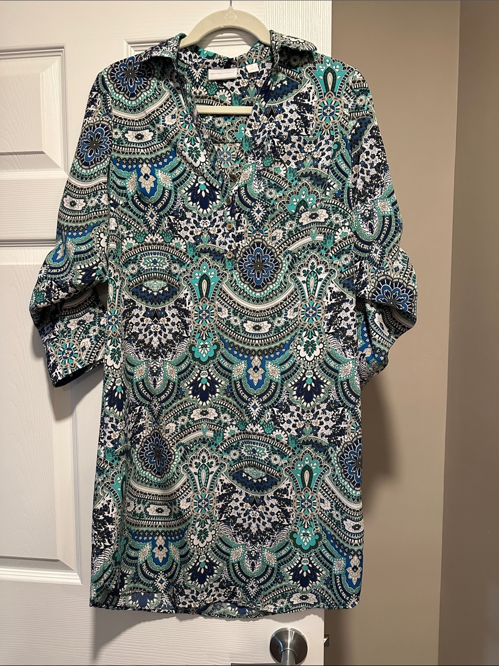 Ladies' Patterned Pullover Shirt Dress-Teal & Navy